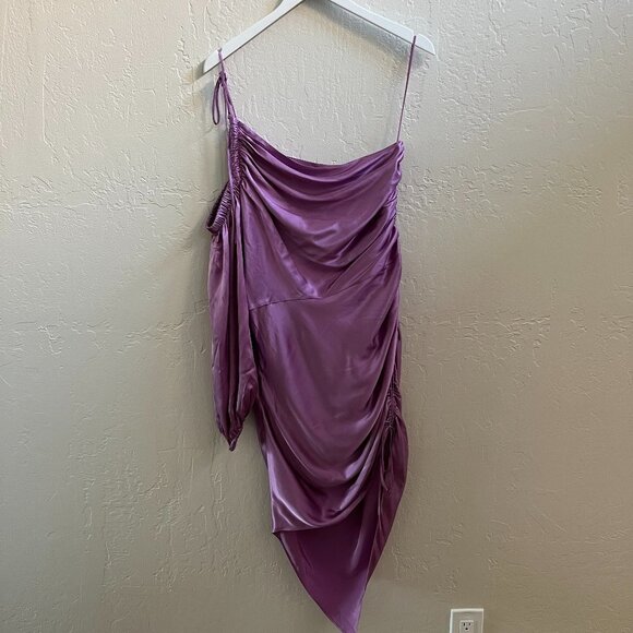 NEW Cinq A Sept 100% Silk Lavender One Shoulder Ruched Asymmetric Dress - Picture 5 of 10